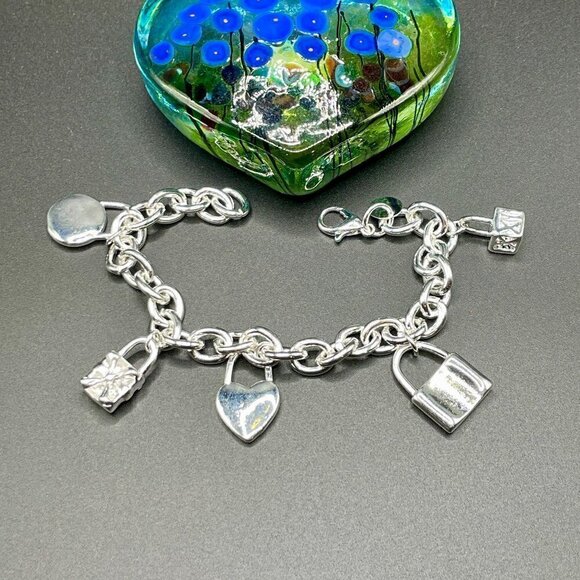 Sterling Silver 925 Chain bracelet with Lock Charms #1226 - Picture 7 of 9